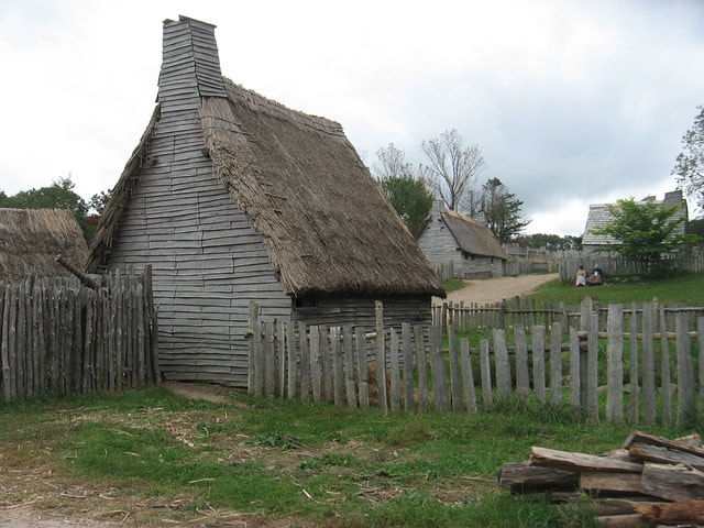 Cottages at Plimoth Patuxet built to the same specifications as those the Pilgrims lived in.